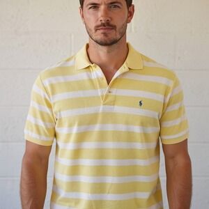 Polo Golf Ralph Lauren Mens L Yellow White Stripe Polo Shirt Pima Cotton‎